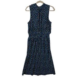 Leota‎ Aria Dress Polka Dot Ruched Waist Sleeveless Blue Medium Knot Dotted Knee